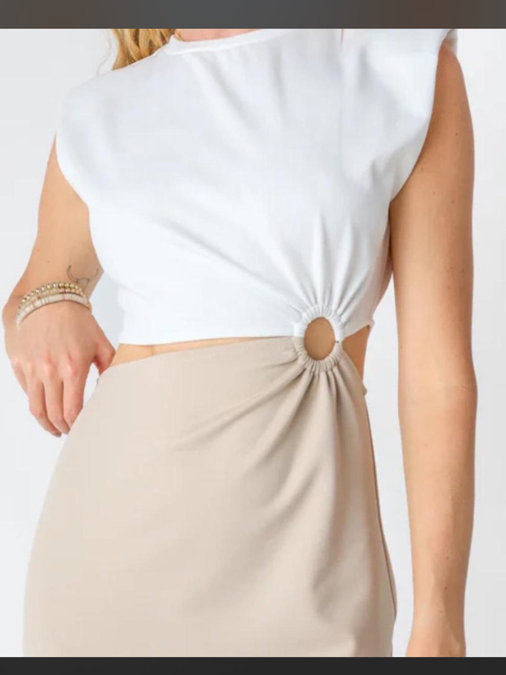 FORE White and Beige Maxi Dress with Side Ring Detail
